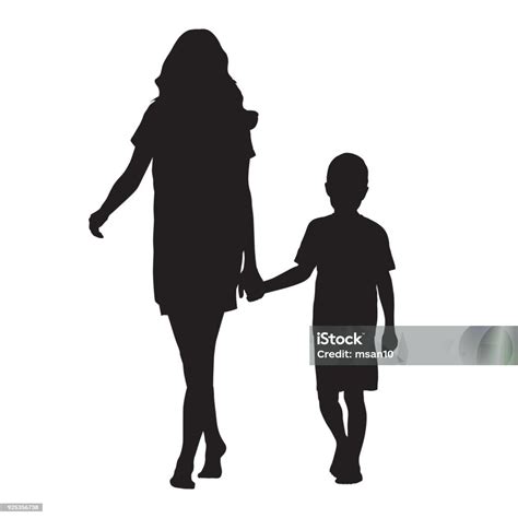 mother holding her son by hand and going forward isolated vector silhouette stock illustration