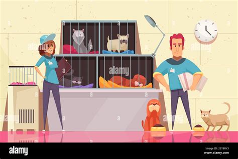 Animal Shelter Horizontal Illustration With Pets Sitting In Cages And