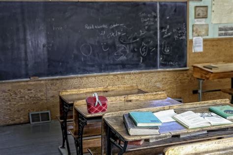 Old Vintage Class Room With Blackboard And Desks Stock Image Image Of