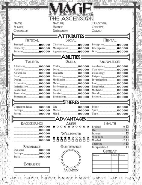Character Sheet Mage Revised Edition Pdf Role Playing Games