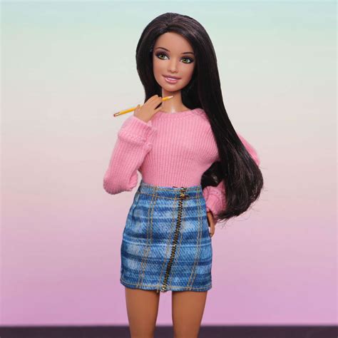 Barbie Doll Standing In Front Of Rainbow Gradient Background With