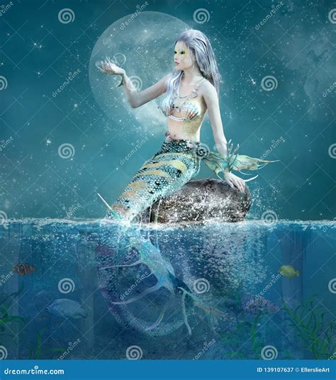 Beautiful Mermaid On A Rock In A Fantasy Sea Scenery Stock Illustration