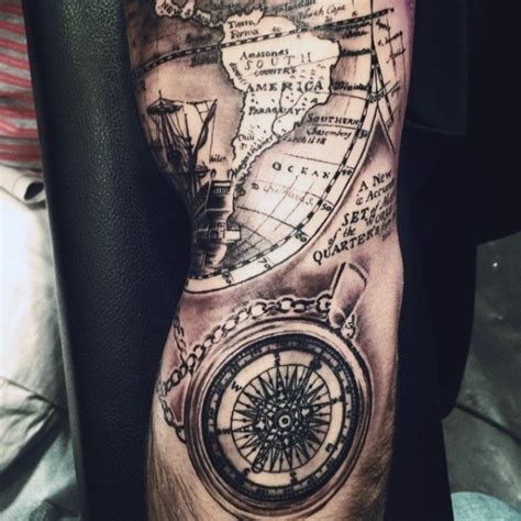 gorgeous black and white nautical map with compass tattoo on sleeve tattooimages