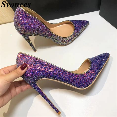 buy real picture bling sequins women high heels pointed toe evening party thin