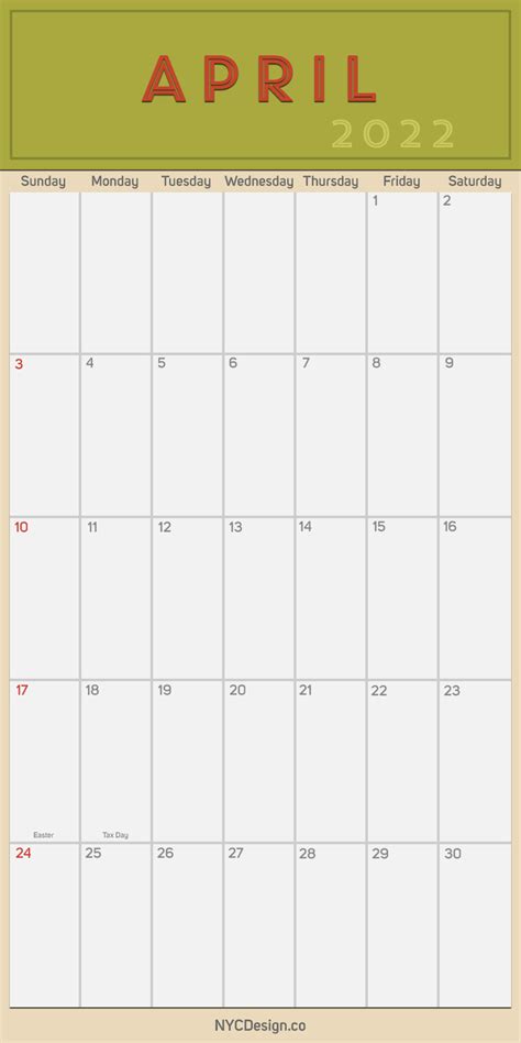 2022 April Monthly Calendar Planner Printable Free Sunday Start