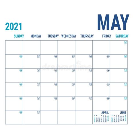 May Calendar 2021 English Calender Template Vector Square Grid