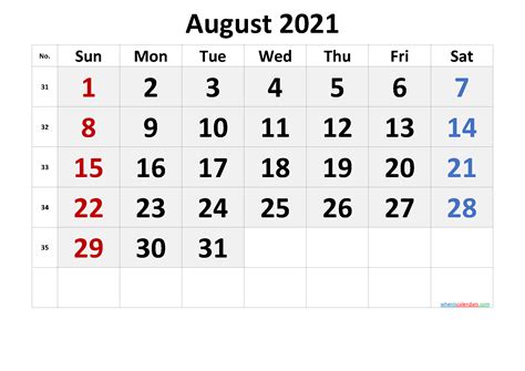 August 2021 Calendar With Holidays Printable Calendars 2021