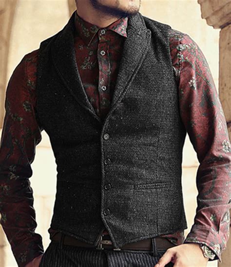 Mens Suit Vest Lapel V Neck Wool Herringbone Casual Formal Business