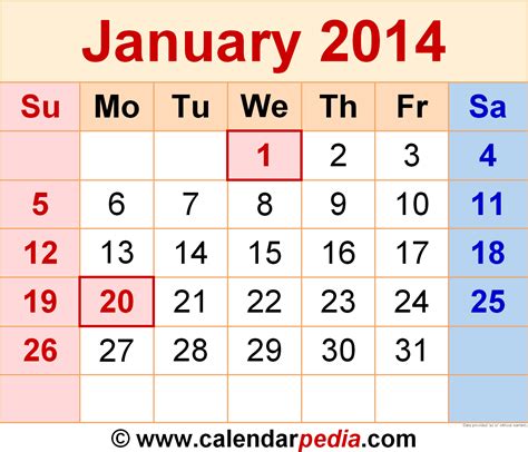 January 2014 Calendar | Templates for Word, Excel and PDF