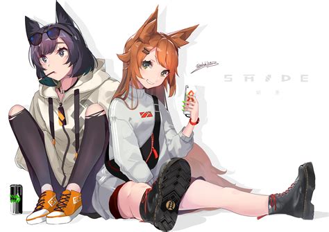 2girls Animal Ears Brown Eyes Brown Hair Drink Food Foxgirl Green Eyes