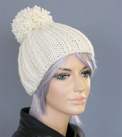 Chunky Knit Bobble Hat In Winter White Merino Wool Hats Knitting