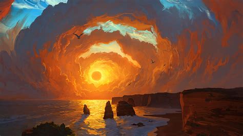 Download Wallpaper 2048x1152 Sea Sunset Art Rocks Sky Clouds