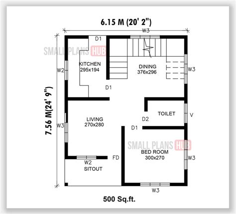 Single Bedroom House Plans With Staircase Under 500 Sqft For 120 Sq