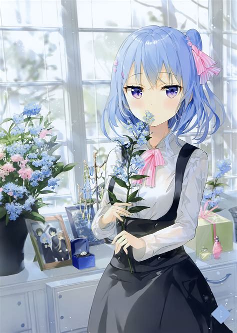 Drawing a neko anime girl(アニメを描く) basic anatomy practice tools: Original anime girl blue hair flower cute wallpaper ...