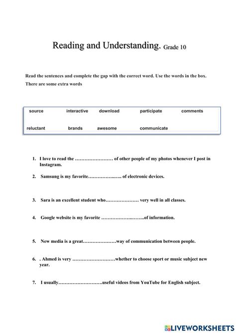 Grade 10 Vocab Exercise Worksheet Live Worksheets