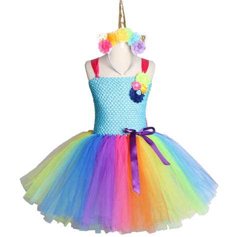 Rainbow Unicorn Girls Tutu Dress Tulle Flower Baby Girl Birthday Party