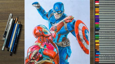 Marvel Drawing Final Battle Captain America Vs Iron Man Timelapse