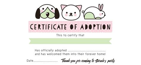 Pet Rescue Party Pretend Adoption Certificate Pink With Regard To
