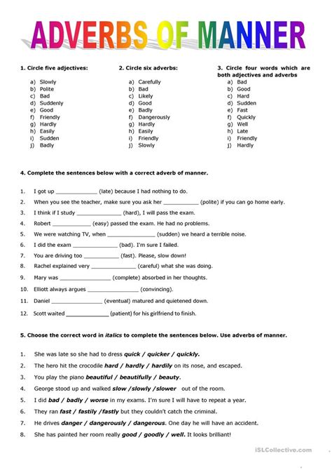 after the object · he drank quickly the water. Adverbs of Manner - English ESL Worksheets for distance ...