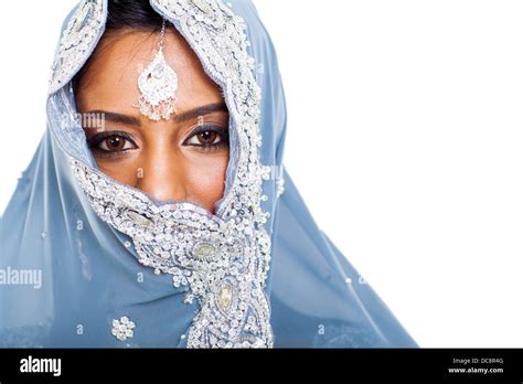 Traditional Indian Woman In Sari Covering Her Face With Veil Stock