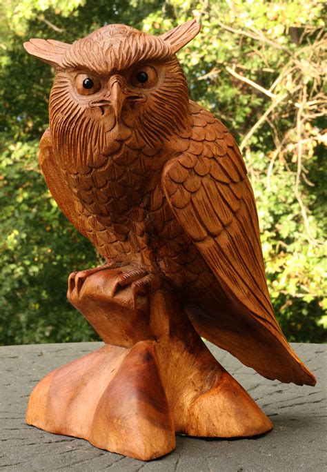 12 Large Solid Wooden Handmade Owl Statue Handcrafted Figurine Art