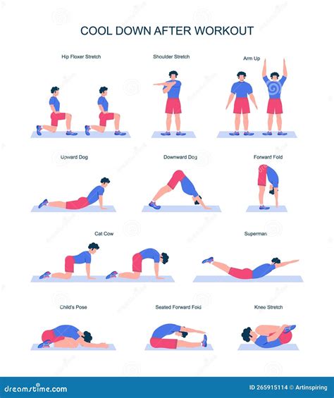 Cool Down After Workout Exercise Set Male Character Doing Stretching