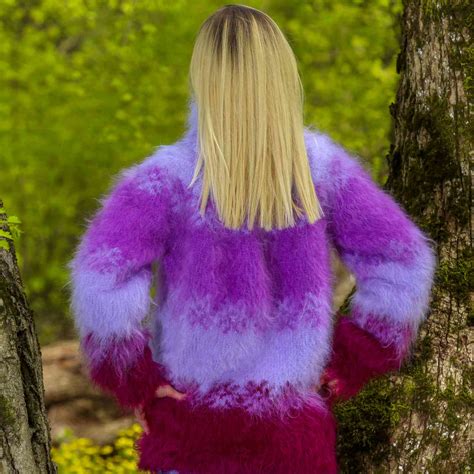Hand Knitted Fuzzy Purple Mohair Sweater With Icelandic Pattern Supertanya