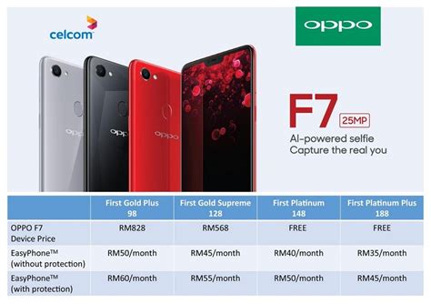Celcom axiata berhad introduced first platinum, the latest addition to its first plans family, to offer a rich internet experience and great array of privileges to customers. 想免费买OPPO F7新手机？只要签购Celcom First Platinum就可以啦!另还有EasyPhone ...