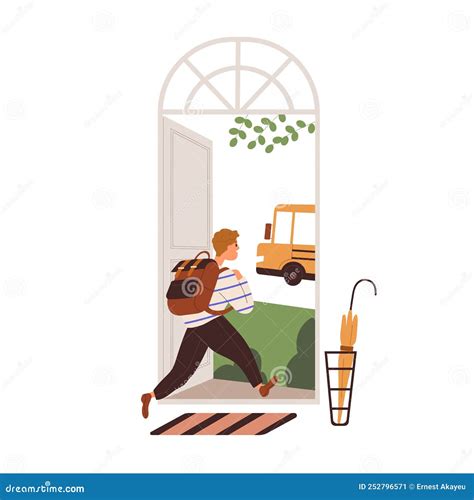 Niño Que Sale De Casa Y Va a La Escuela. Niño Estudiante Con Mochila