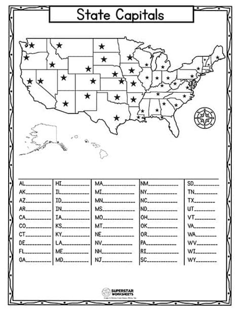 United States Capitals Map Worksheets Printable