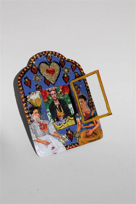 frida kahlo and heart mexican tin nicho bright blue and red