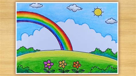 How To Draw Rainbow Scenery Easy Rainbow Drawing Youtube