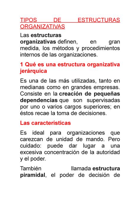Tipos De Estructuras Organizativas Tipos De Estructuras Organizativas Las Estructuras Studocu