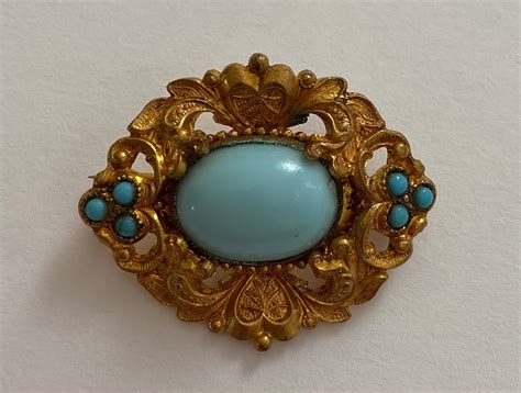 Vintage Brooch Blue Cabochon And Gold Metal Victorian Jewelry Etsy