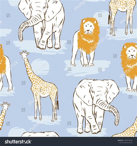 Vector Seamless Pattern Drawing African Animals Stock Vector Royalty
