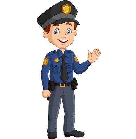 Dibujos Animados Sonriendo Policía Agitando La Mano Vector Premium