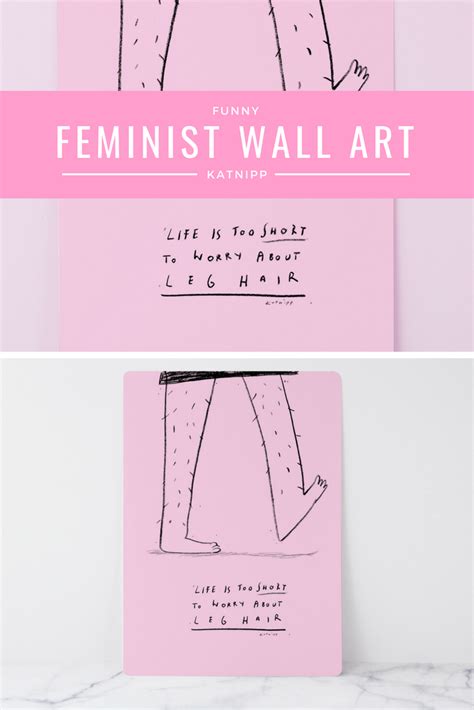 a pink card with the words feminist wall art written on it and an image of a woman s legs