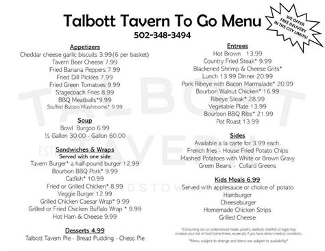 Menu At Old Talbott Tavern Pub And Bar Bardstown