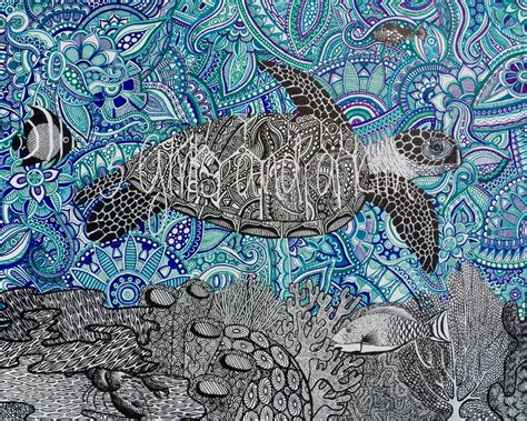 Cayman Sea Turtle Zentangle Drawing11x14 Print Etsy