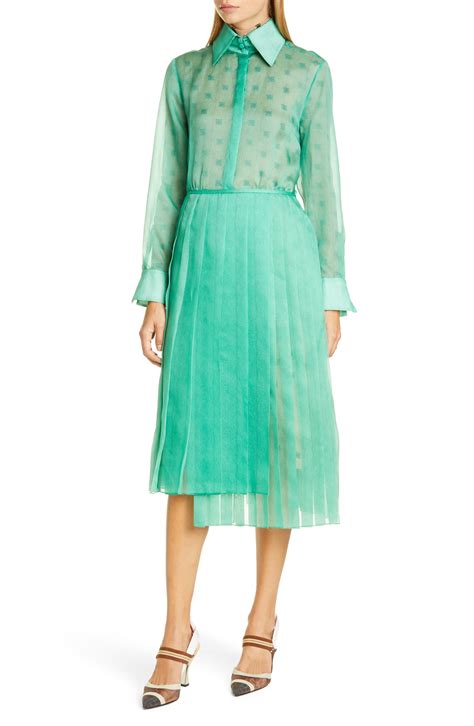 Fendi Tulle Pleated Skirt Silk Organdie Shirt Dress In Light Green