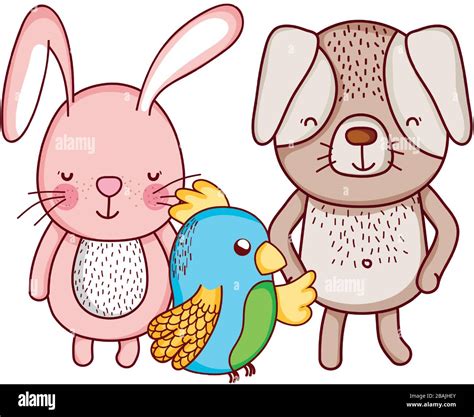 Cute Animals Rabbit Dog And Parrot Cartoon Isolated Icon Design Vector
