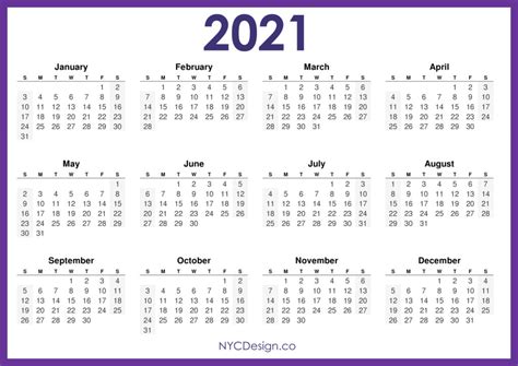 2021 Calendar Printable Free Horizontal Green Hd Sunday Start
