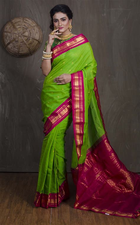 Premium Quality Silk Cotton Gadwal Silk Saree In Parrot Green And