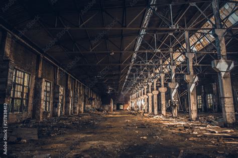 Abandoned And Ruined Dark Industrial Creepy Warehouse Inside With
