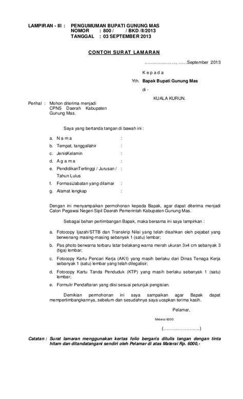 Contoh surat lamaran lumajang september 2009 k e p a d a yth. 10 Contoh Surat Lamaran Kerja CPNS - ben jobs