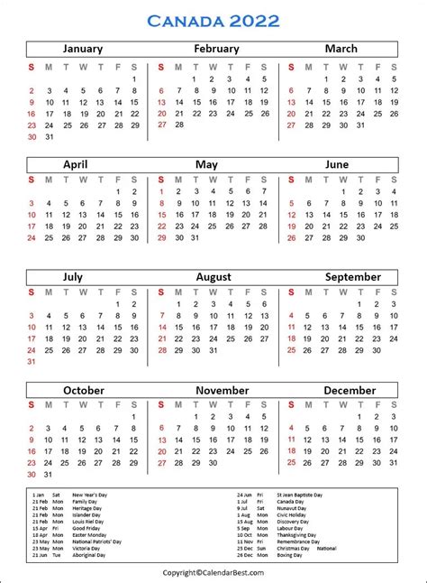 Printable 2022 Canadian Calendar Templates With Statutory Holidays