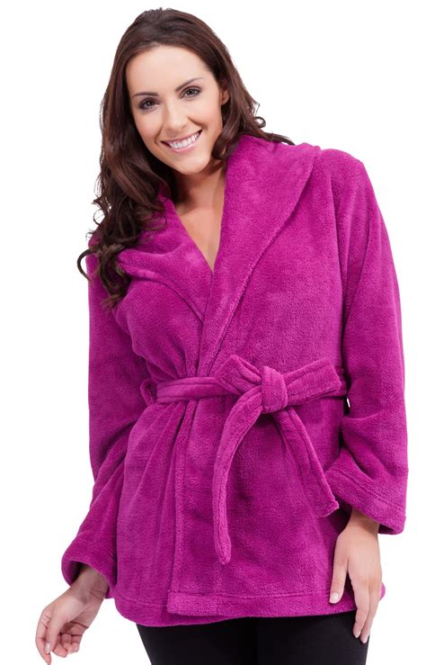Womens Hooded Fleece Mini Robe Wrap Dressing Gown Lounge Jacket Size Uk 6 16 Ebay