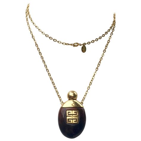 Givenchy Vintage Perfume Bottle Necklace Gold Toned Link Chain Tortoise