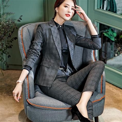 2 Pieces Set Plaid Formal Pant Suit Women Business Suits Work Wear