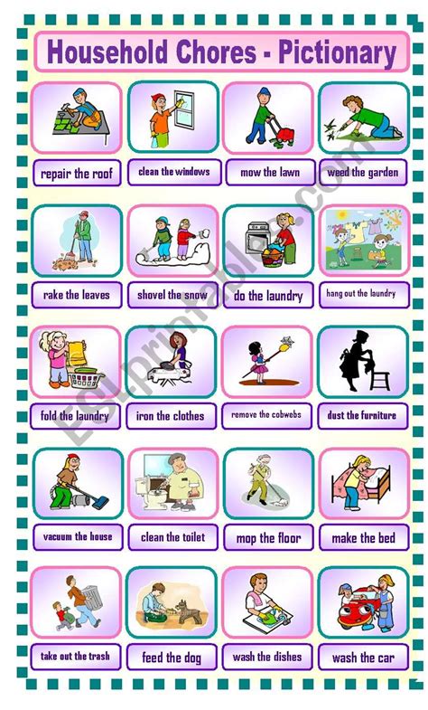 Household Chores Pictionary English Esl Worksheets Fo